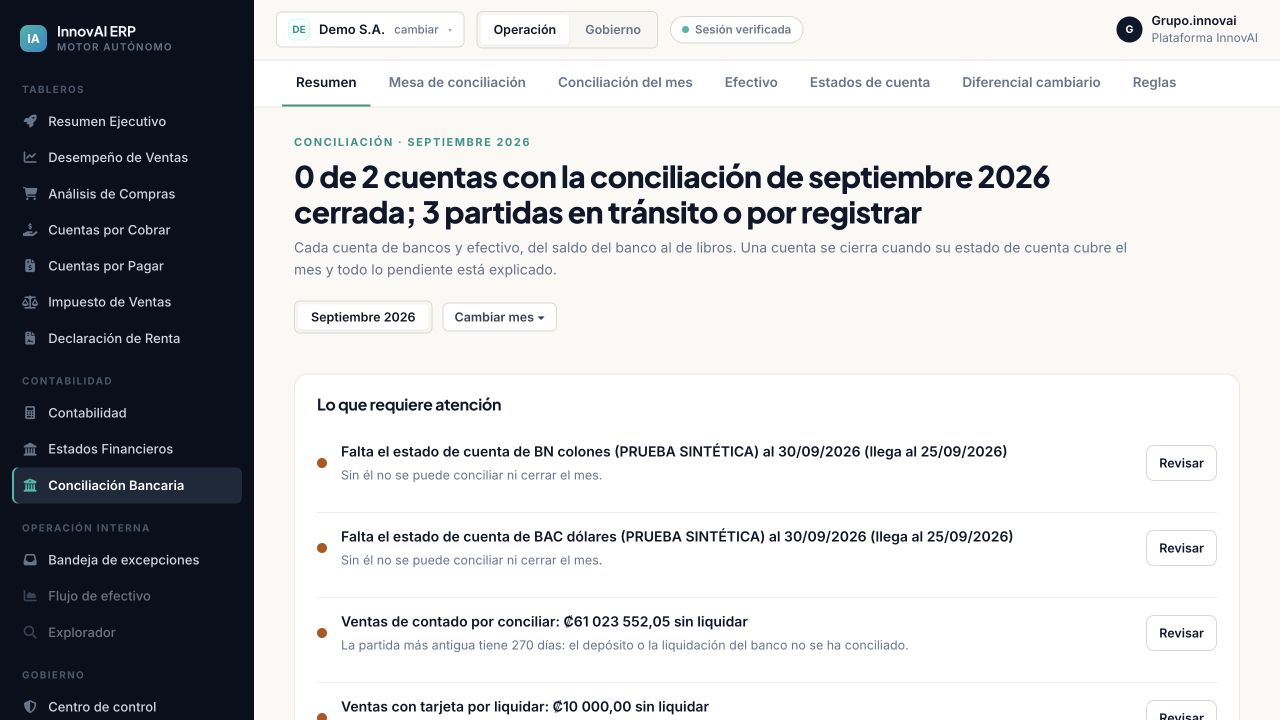 Conciliación bancaria DEMO con pendientes de estados de cuenta y movimientos por revisar