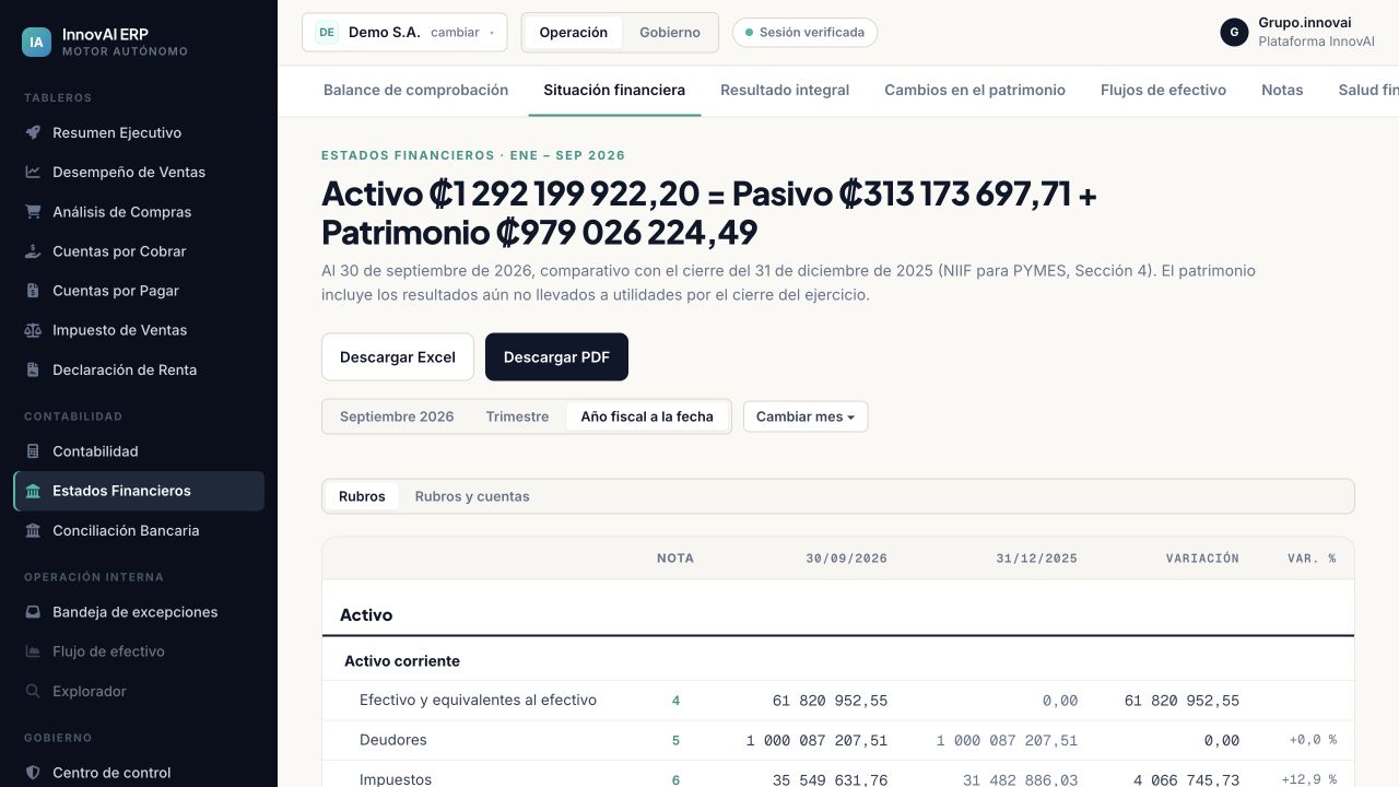 Estado de situación financiera DEMO con activos, pasivos, patrimonio y notas vinculadas