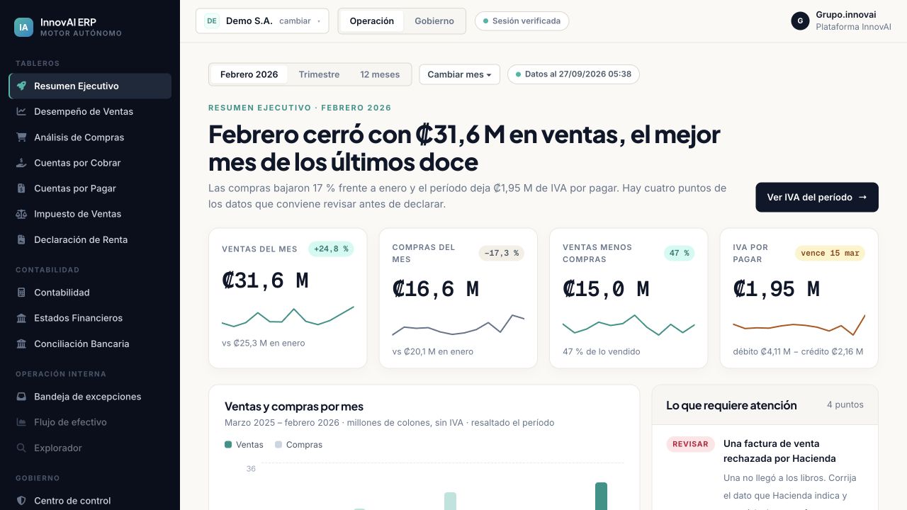 Resumen ejecutivo de la compañía DEMO con ventas, compras, IVA y puntos que requieren atención